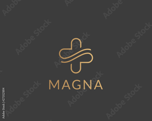 Abstract line cross logo design. Hands care medical vector logotype.