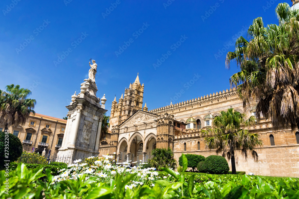 Palermo Cathedral Surrounded by Trees and Garden in Palermo, Italy