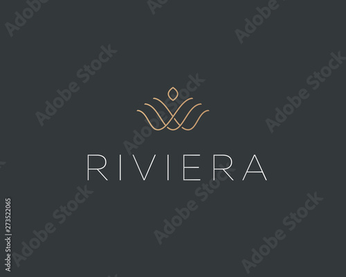 Linear flower crown logotype. Royal real estate icon symbol. Shell pearl vector logo.
