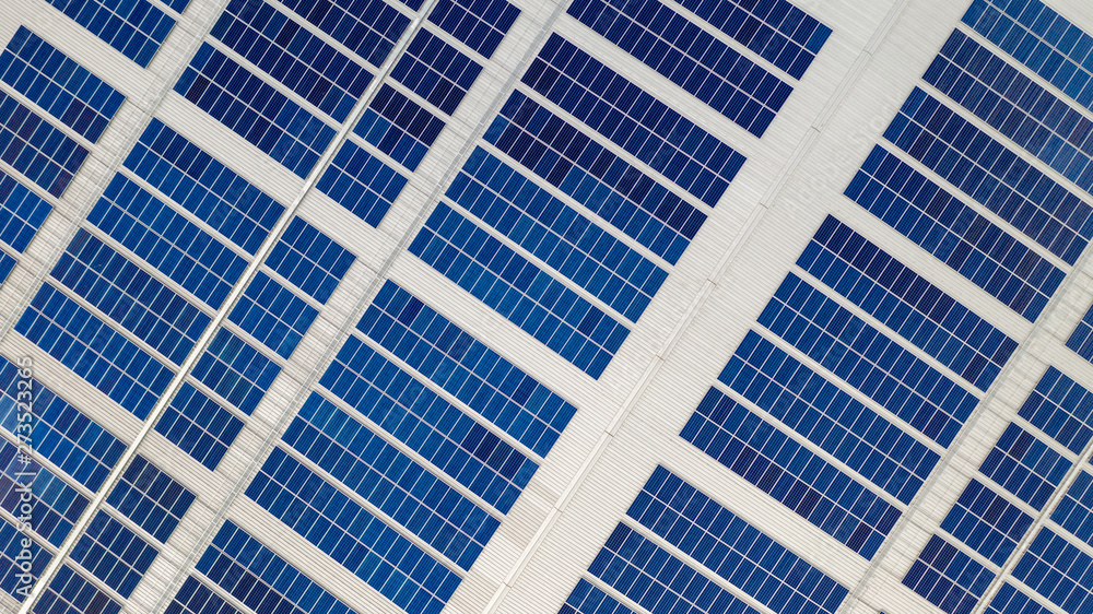 The top view of the solar cells on the roof taken with the drones The top view of the solar cells on the roof taken with the drones
