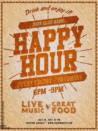 Happy hour flyer design with frame on grunge yellow. Card poster with beer mug and banner. Buy one beer get one free. It can be useful whether it is a specific show, club event, or special attraction