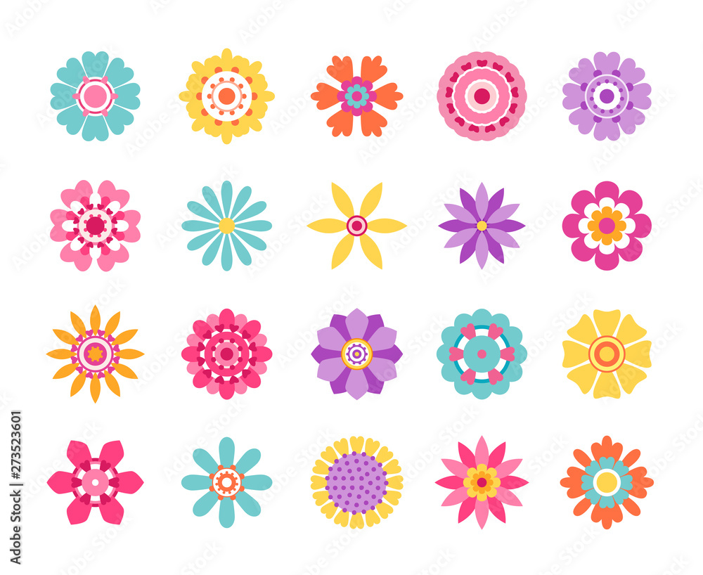 Cartoon flower icons. Cute summer stickers and nature pattern, retro ...