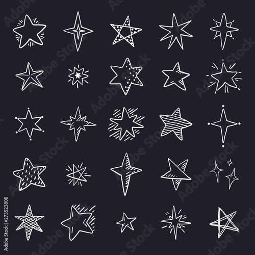 Doodle stars on black background. Cute pen sketch space elements, simple geometric set. Vector illustration hand drawn star pattern for print textile