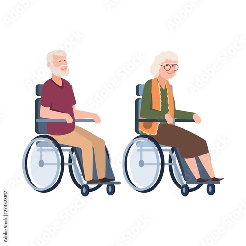 Old people disabled. Senior in a wheelchair. Couple of elderly handicapped person. Vector illustration modern grandpa and grandma with disability