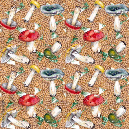 Seamless pattern with colorful russula mushrooms, fir cones and green.