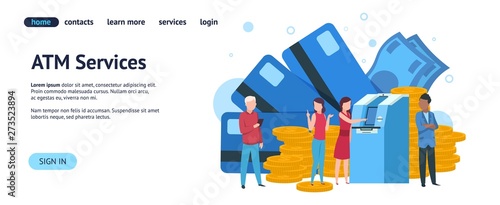 Atm landing page. Mobile banking and online payment concept website template. Vector illustration savings simple payment purchase