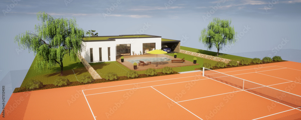 vue 3d terrain avec maison piscine et court de tennis 4 Stock Illustration  | Adobe Stock