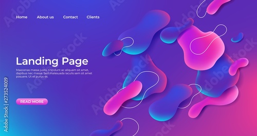 Landing page abstract template. Fluid website 3D bubble shapes background. Abstract gradient shape design, modern dynamic liquid graphic, futuristic vector geometric trendy photo