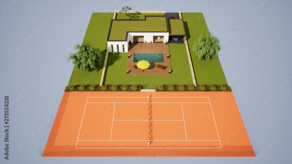 vue 3d terrain avec maison piscine et court de tennis 1 Stock Illustration  | Adobe Stock
