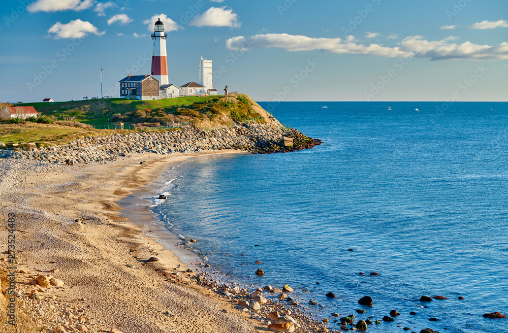 Montauk Lighthouse and beach, Long Island, New York, USA.