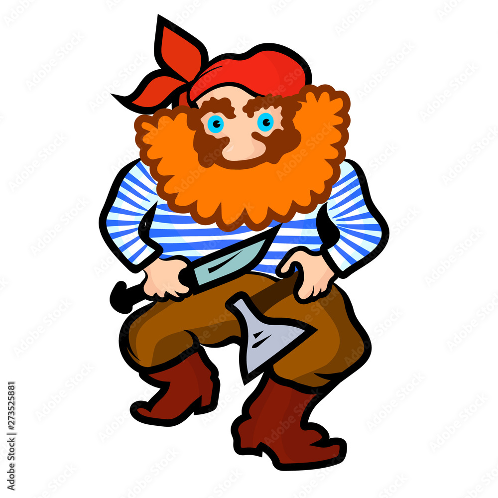 Angry pirate with axe and dagger. Vector cartoon color drawn illustration. Angry pirate with axe and dagger. Vector cartoon color drawn illustration.