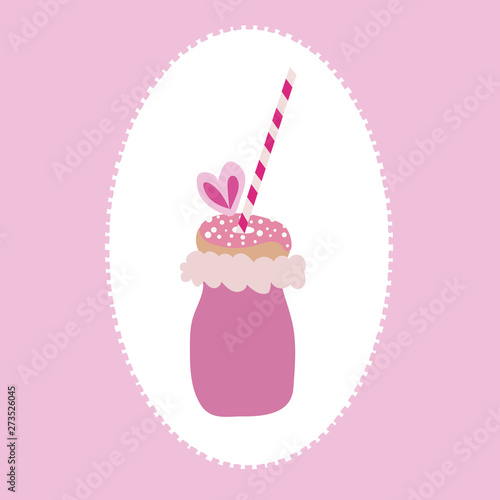 Vector of trendy freakyshake with cotton candy, doughnut with sprinkles, and a straw on a pink and white background.