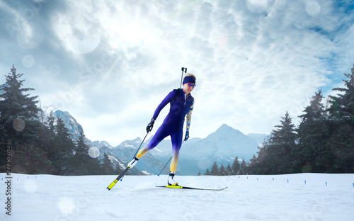 Biathlon. Skier biathlon champion. Winter Olympic sports. photo