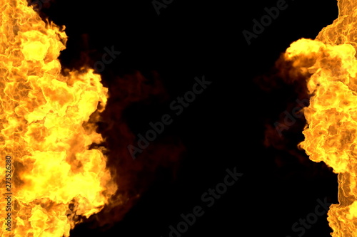mystical flaming explosion frame isolated on black - fire lines from sides left and right, top and bottom are empty - fire 3D illustration