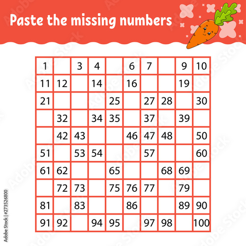 Paste the missing numbers. Handwriting practice. Learning numbers for kids. Education developing worksheet. Activity page. Game for children. Isolated vector illustration in cute cartoon style.