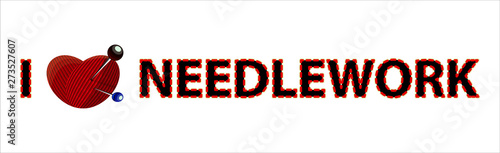 Stylized image with cotton heart shaped pincushion and isolated vector inscription. Bright red flat patch letters, soft textured heart pierced with pins, hand made isolated illustration.