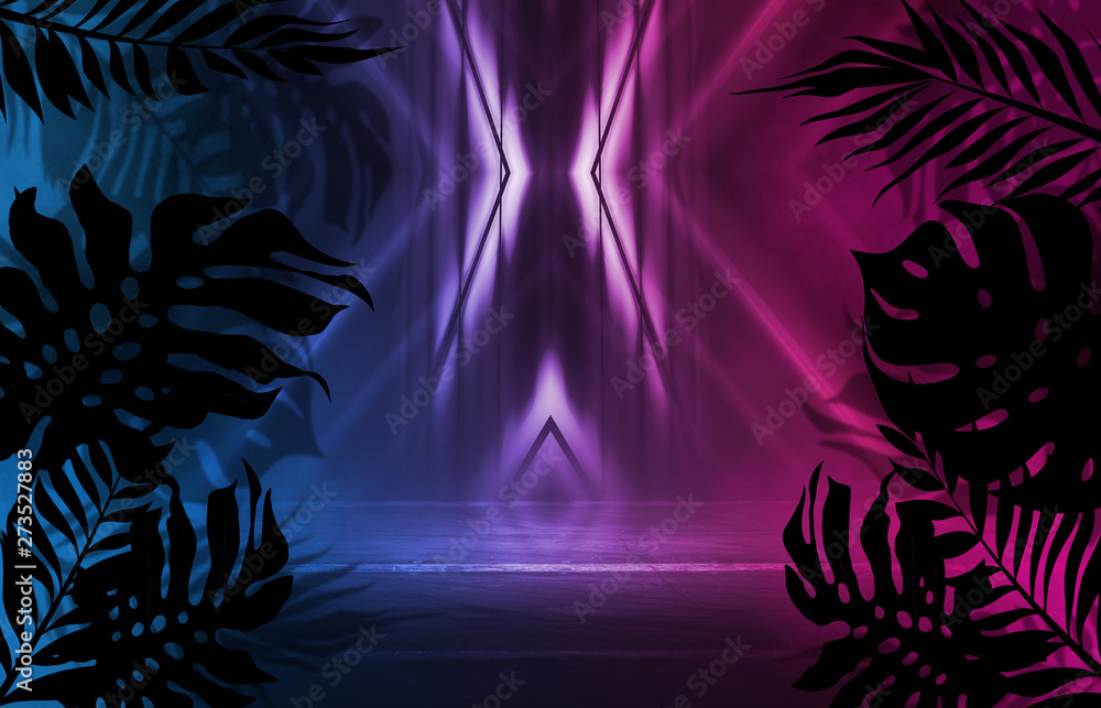 Background of empty dark scenes with neon lights and shapes, smoke. Silhouettes of tropical palm leaves in the foreground. Bright futuristic abstract background Background of empty dark scenes with neon lights and shapes, smoke. Silhouettes of tropical palm leaves in the foreground. Bright futuristic abstract background