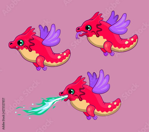 Set of bright pink baby dargons with different kind of emotions  smiling  angry  joy. Open mouth  breathing the green flame  flying creatures concepts. Fairytale little monsters idea  butterfly wings 