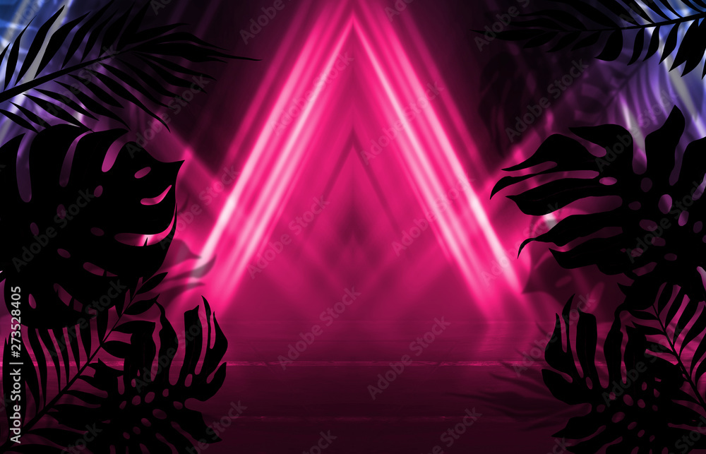 Background of empty dark scenes with neon lights and shapes, smoke. Silhouettes of tropical palm leaves in the foreground. Bright futuristic abstract background Background of empty dark scenes with neon lights and shapes, smoke. Silhouettes of tropical palm leaves in the foreground. Bright futuristic abstract background