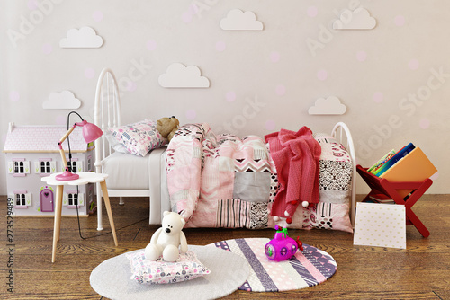 Adorable little girls bed room interior with toys, doll house and reading books. 3d rendering