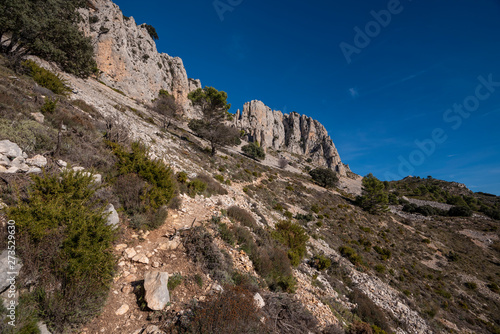 Serrella mountain range and the summit of Pla de la Casa (1379m), Confrides village, Alicante province, Costa Blanca, Spain