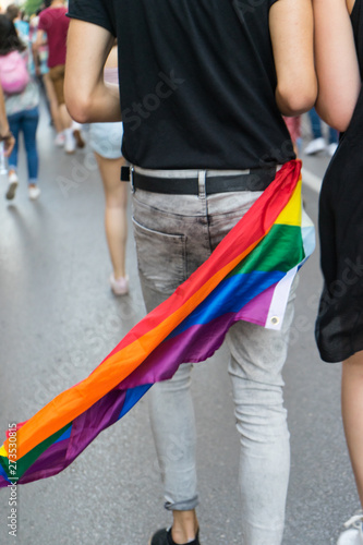 Rainbow flag tie in the pants of a guy in the pride parade in Sofia, Bulgaria
