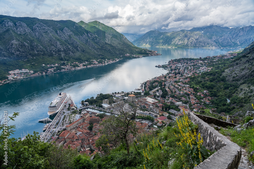 Aerial view of Dobrota and Kotor from hike to Fortress