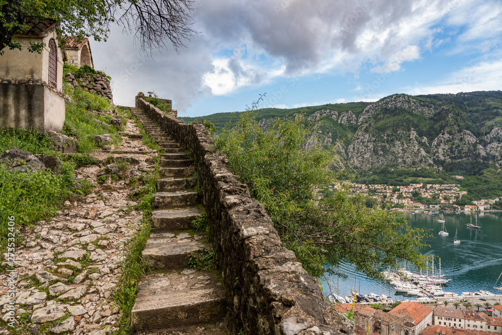 Steep pathway by Stations of the Cross above old town Kotor in Montenegro