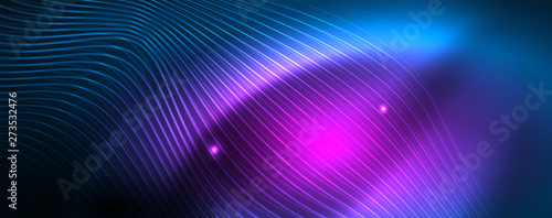 Smooth wave lines on blue neon color light background. Glowing abstract wave on dark, shiny motion, magic space light