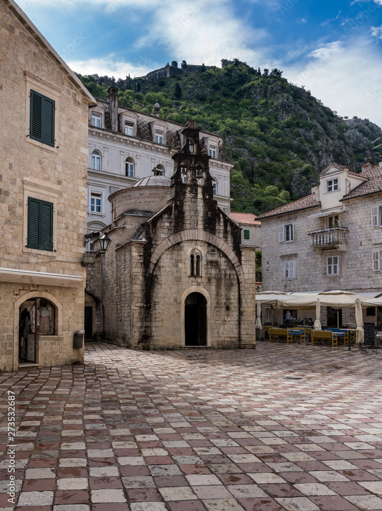 St Luke's Church on pedestrian streets of old town Kotor in Montenegro