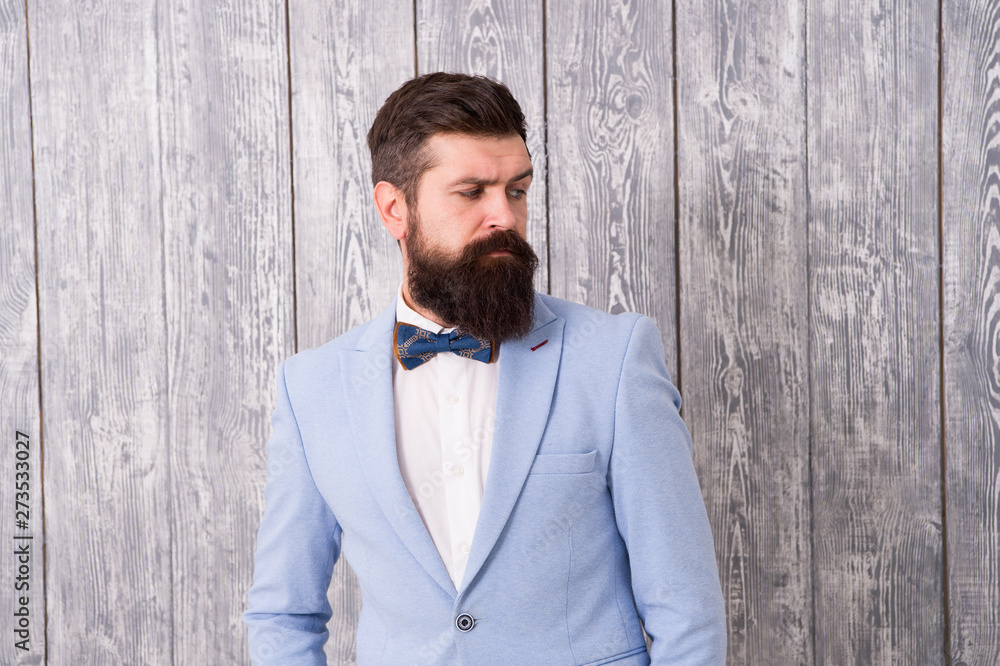 Guy well groomed bearded hipster wear tuxedo. Hairstyle and beard grooming.  Barber shop concept. Gentleman style barber. Barber shop offer range of  packages for groom make his big day unforgettable Stock Photo |