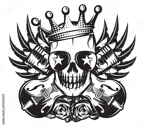 Vector monochrome illustration on the combined theme of rock music and motorcycle