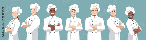 Set of chefs. European and African American smiling men and women stand half turned and facing camera, have crossed arms and wearing chef uniform and hat. Vector illustration