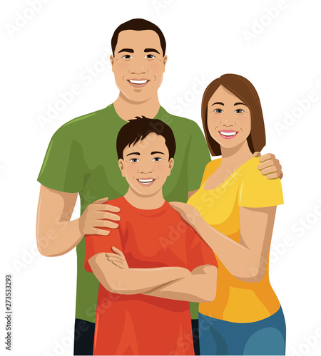 Portrait of happy Asian family isolated on the white background. Smiling mom, daddy and son embrace together. Man, woman and boy. Vector illustration