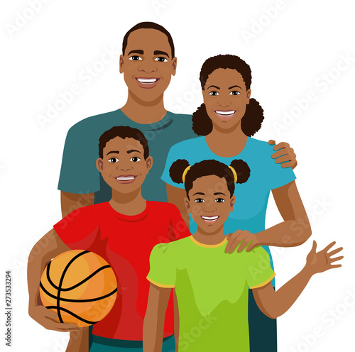 Portrait of happy African American family isolated on the white background. Smiling mom and daddy embrace together, son holds basketball, daughter waving her hand in greeting. Vector illustration