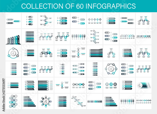 Collection of 60 infographic. Business Infographic. Diagrams, steps, options, marketing. Vector illustration.