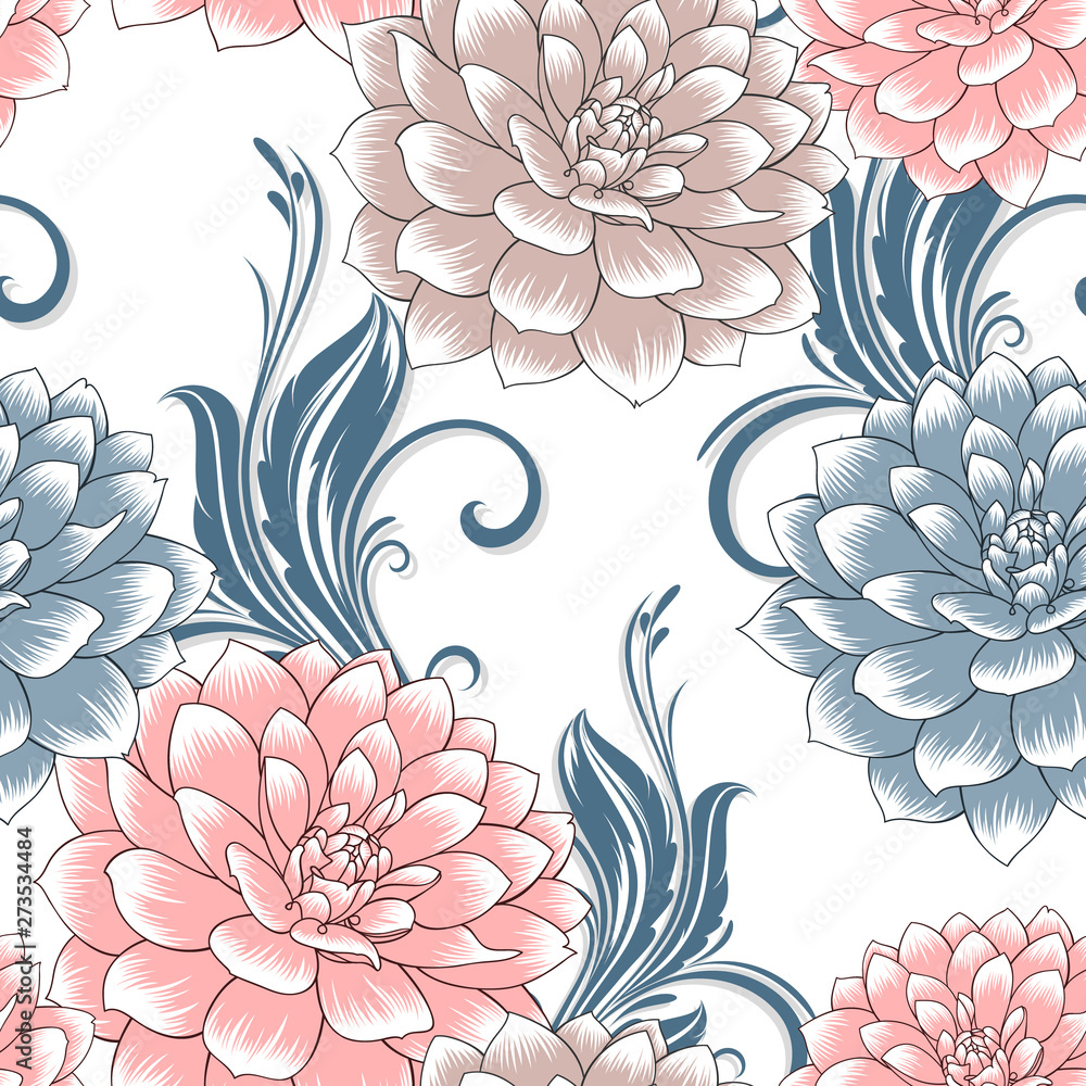 Seamless pattern with flowers dahlia and abstract leaves. Seamless pattern with flowers dahlia and abstract leaves.