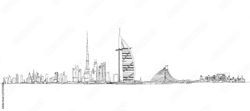 Illustration of the Dubai skyline: Al Arab hotel, Burj Khalifa and Jumeirah beach hotel buildings. 