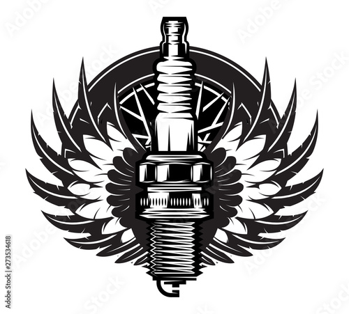 Spark plug with wings. Vintage moto emblem