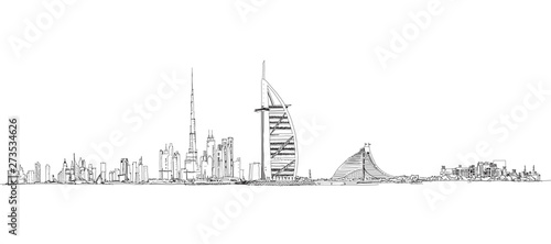 Illustration of the Dubai skyline  Al Arab hotel  Burj Khalifa and Jumeirah beach hotel buildings. 