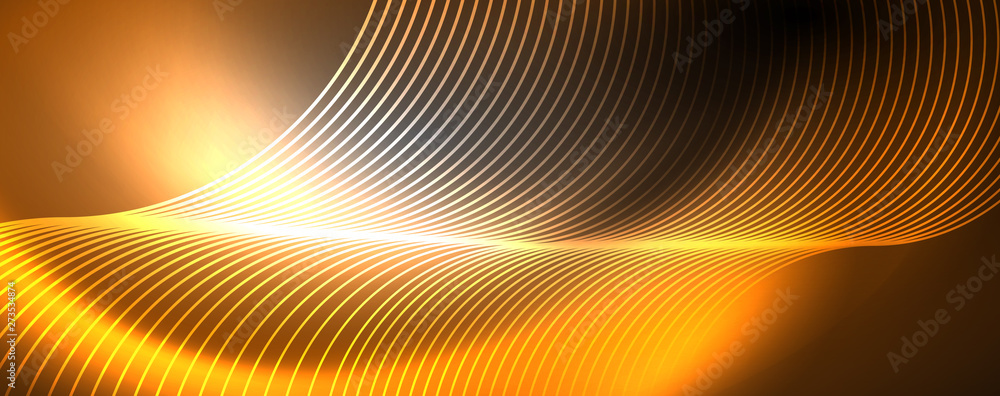 Shiny neon lights, dark abstract background with blurred magic neon light curved lines