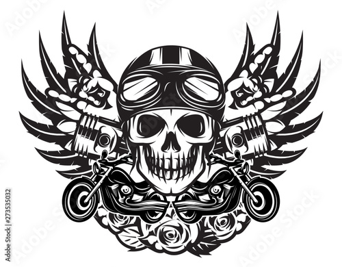 Vector monochrome illustration on the combined theme of rock music and motorcycle