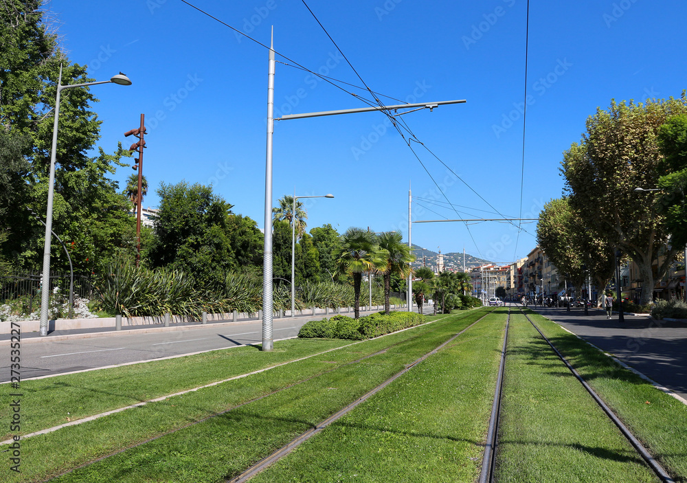 Lawned tramway line in Nice City - France