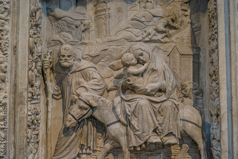 Avila, Spain - April 17, 2019. Interior of the Cathedral of Avila during the celebration of Holy Week in Spain. Biblical scenes in relief