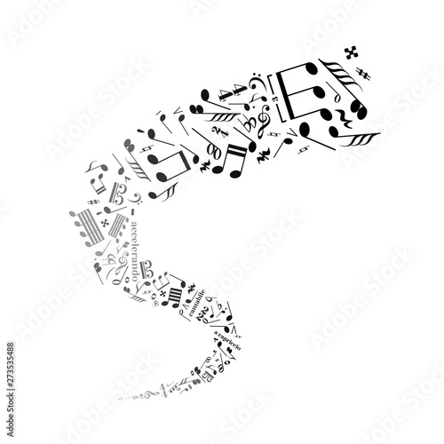 Twisted music notes, abstract sound signs isolated on white