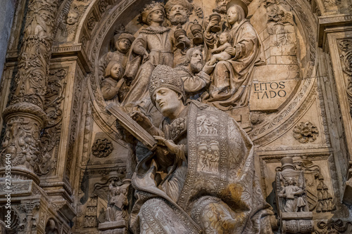 Avila, Spain - April 17, 2019. Interior of the Cathedral of Avila during the celebration of Holy Week in Spain. Biblical scenes in relief