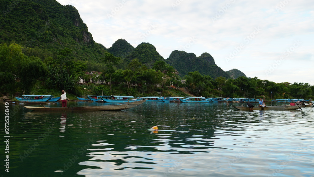 Fishing village and a beautiful landscape with mountains in Phong Nha-Ke Bang National Park in Vietnam.