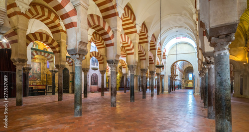 Scenic indoor sight in the Mosque–Cathedral of Cordoba. Andalusia, Spain. 