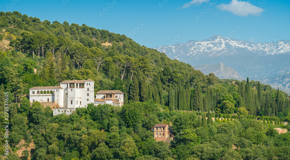 Panoramic sight of the Generalife Palace in Granada as seen from the Mirador San Nicolas. Andalusia, Spain.