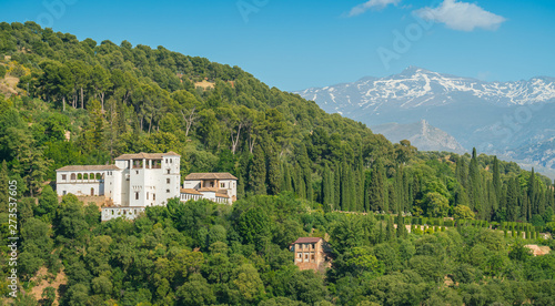 Panoramic sight of the Generalife Palace in Granada as seen from the Mirador San Nicolas. Andalusia  Spain.